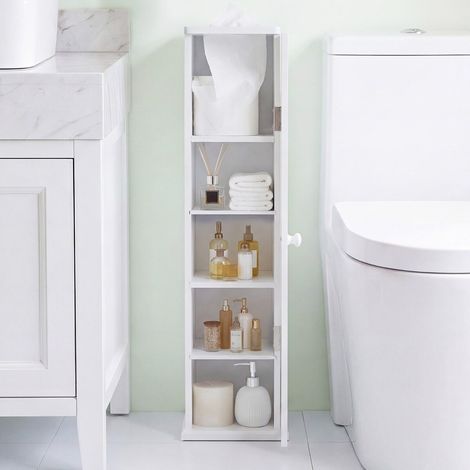 Lot de 2 meubles WC blancs 16 cm de large avec 3 étagères amovibles, distributeur et arrêts magnétiques pour salle de bain et WC (1/5)