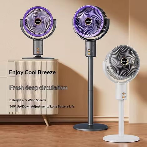 Ventilateur sur Pied Rechargeable Blanc à Hauteur Réglable, 5 Vitesses, Port USB Type-C, Utilisation Sol ou Bureau, pour Intérieur et Extérieur (1/5)