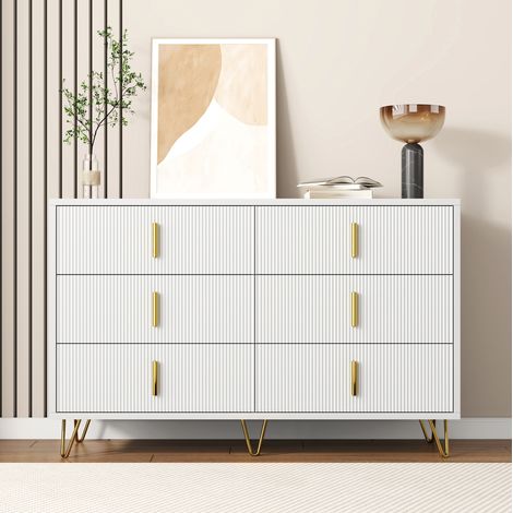 Credenza in truciolare bianco e oro 120 x 40 x 77 cm, 6 cassetti, design ondulato (1/5)