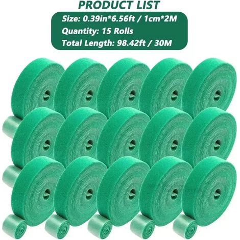 (15 rouleaux (30 m) de serre-câbles auto-adhésifs en nylon vert pour plantes, réglables, avec système de fixation auto-agrippant et boucle, pour jardin, réutilisables) (1/4)