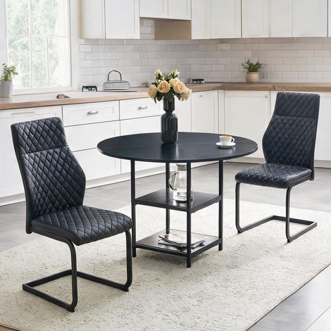 Table ronde à manger avec 2 chaises noires style industriel (1/5)