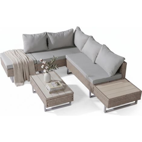 FurnitureR Rattan Garden Corner Sofa Set with Coffee Table & Side Shelves, Outdoor Patio Lounge Furniture with Cushions for Conservatory, Balcony & Terrace