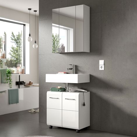 Armoire de toilette + meuble sous lavabo blanc brillant - ICEDY