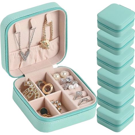 Boîte à bijoux de voyage, mini boîte à bijoux, boîte de rangement portable en cuir PU pour boucles d'oreilles, lot de 6, vert