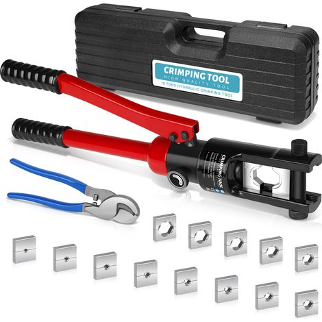 Pro Pince à Sertir les Fils Hydraulique 16 Tons avec Coupe-câble, 13 Jeux (8-300 mm²) Matrices de Sertissage pour Cosses de Câbles Cuivre-aluminium, Opération de Câble, le Garde-corps de Fil, Rouge