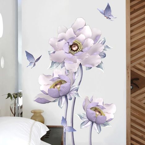 CSPARKV 1  ensemble  Stickers Muraux Fleurs de Lotus Autocollant Mural Fleurs 3D Violette Deco Stickers Salon Salle de Bain Chambre Décoration