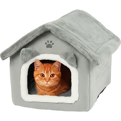 Katzenhausbett mit abnehmbarem dach und kissen grau