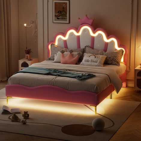 letto matrimoniale 140x200 LED corona imbottito rosa HAVRYA (1/5)