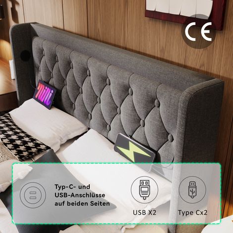Lit double rembourré 180x200 cm, gris, tissu coton, coffre hydraulique de rangement, tête de lit capitonnée avec port USB-C, éclairage LED sur 3 côtés (sans matelas) (1/5)