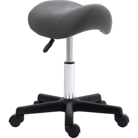 Tabouret à roulettes, assise en forme de selle, réglable en hauteur, pivotant à 360°, similicuir, gris, 48 x 47 x 45-59 cm (1/5)