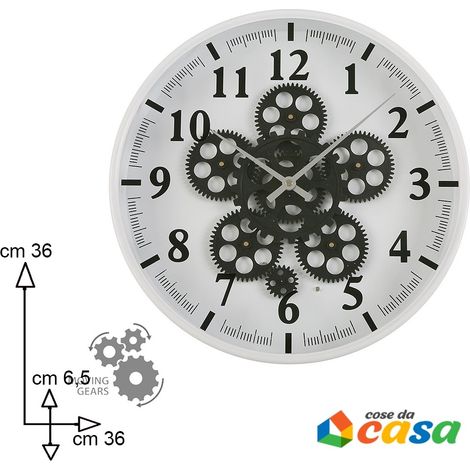 Orologio a parete da muro in metallo nero bianco movimento ingranaggi moderno per arredo casa cucina soggiorno (1/4)