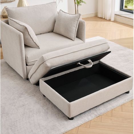 Divano singolo con pouf contenitore 149x103.5x81 cm, modulare, in velluto, beige (1/5)