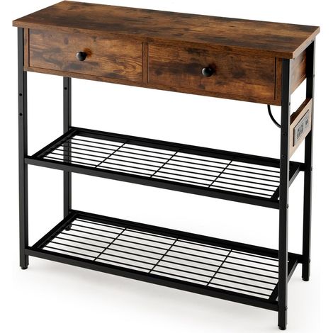 COSTWAY Tavolo Consolle Stretto con 2 Cassetti e 2 Ripiani in Rete Metallica, Tavolo d'Ingresso con Stazione di Ricarica, 2 Prese AC e 2 Porte USB, Ideale per Soggiorno, Ingresso, Corridoio, Marrone (1/5)