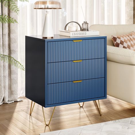BLANKETSWARM - Commode 3 Tiroirs - 60x40x70cm - avec Texture Cannelée et Pieds Dorés - Meuble de Rangement - Bleu Foncé (1/5)