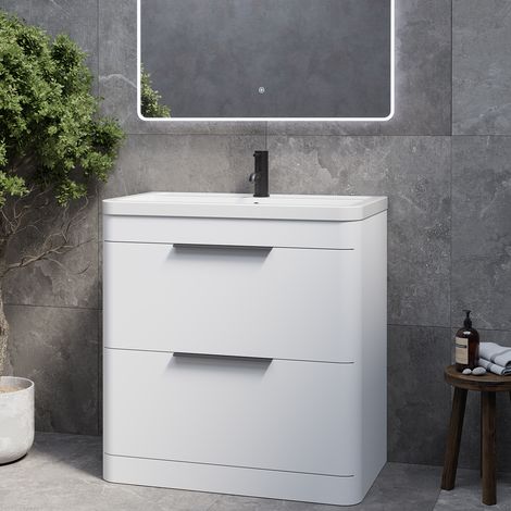 Oslo Gloss White 800mm 2 Drawer Vanity Unit with Anya Basin - 800mm - Matt Black 300mm Finger Pull