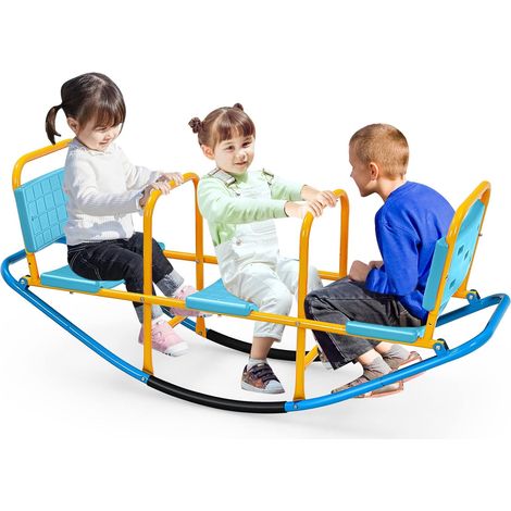 COSTWAY 3 Sitzer Schaukelwippe, Gartenwippe bis 100 kg belastbar, Kinder Wippe In- und Outdoor, Kinderwippe Metall Karussellwippe ideal für Kinder 3-8 Jahren (Blau) (1/5)