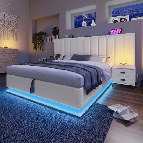 Letto contenitore 160x200 cm in PU bianco con LED e USB-C salvaspazio – MEUBLIV (1/5)