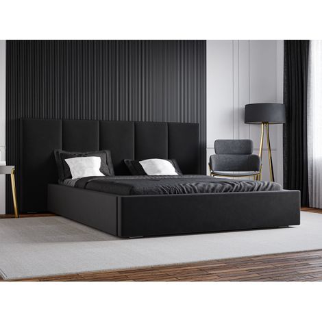 Emporius – Lit coffre 160x200 cm – Lit double en velours noir – Sommier à lattes avec coffre de rangement – Tête de lit extra large (1/5)