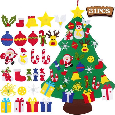 Arbre De Noël En Feutrine - 103 Cm - Accroche Murale - Avec 31 Ornements Détachables Et Guirlande Lumineuse - Pour Enfants À Partir De 2 Ans - 1 Pièce (1/5)