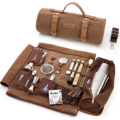 Sacoche de barman avec shaker à cocktails - Toile cirée, sac de voyage pour outils de bar avec kit à cocktails 17 pièces - Kits de mixologie de voyage - Sacoche de bar mobile avec bandoulière et acces