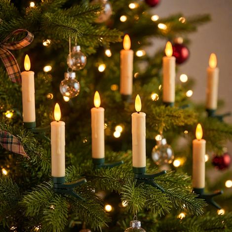 Flammen Effekt LED Weihnachtsbaumkerze auf Clip mit Timer - 10er Set - Künstliche Kerze mit Flackereffekt dimmbar batteriebetrieben inklusive Fernbedienung