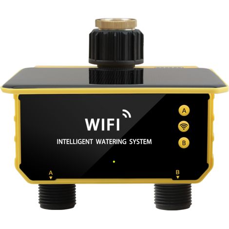 3/4"-G-WLAN-Bewässerungstimer, 2 Kanäle, Regenerkennung, Solar + USB-C, 3200-mAh-Akku, programmierbar per App