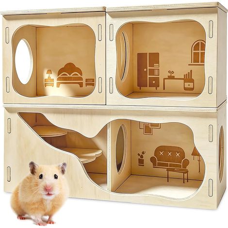 House Guinea Pig Wood, 3 Pieces Tunnel Guinea Pig House, Guinea Pig House, House for Guinea Pigs with Climbing Ladder, Rodent Houses Hamster Houses for Gerbils (1/5)