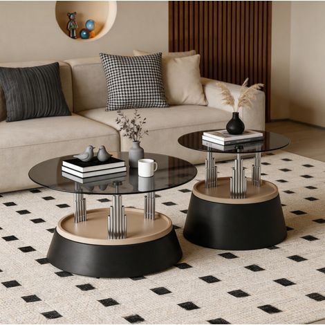 Set di 2 tavolini da salotto, design nesting rotondo, vetro temperato e metallo nero (1/5)