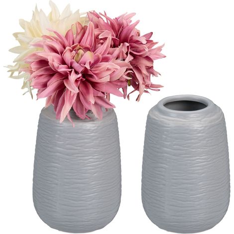 Relaxdays Set 2 Vasi in Ceramica Decorativi, Vasetto per Fiori Freschi, Centrotavola HxD: 15x10 cm, Decorazione, Grigio
