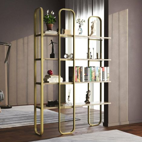Bibliothèque Almena, étagère de Bureau, Meuble Porte-Livres, bibliothèque, 125x28h180 cm, Or (1/5)