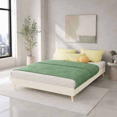 Cadre de lit adulte 140x200 cm beige en velours, base basse moderne pour chambre contemporaine, structure bois et métal, sans tête de lit ni matelas CHICFURN (1/5)