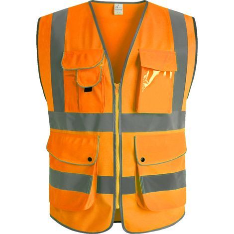 9 poches de classe 2"gilet de sécurité haute visibilité devant avec des bandes réfléchissantes, (orange-L) (1/2)