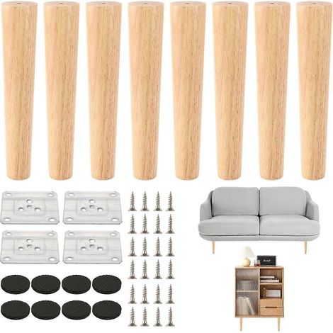 Pieds de meubles de 6 cm, en bois, lot de 8, pieds de table, en chêne, robustes et durables, pieds de table ronds en bois avec plaque de montage et vis, hauteur 25 cm. (1/5)