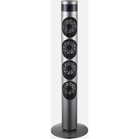 Ventilateur tour Mombuey gris, 3 vitesses, 25 W, 4 ventilateurs, CC, position fixe et rotative, réglable, minuterie 12 h, 117 x