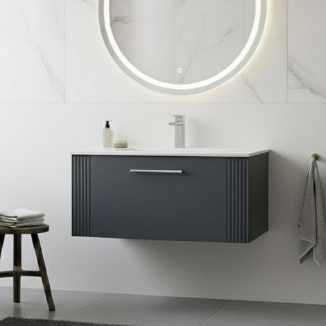 Nuie Deco Satin Soft Black 800mm Wall Hung Single Drawer Vanity Unit and Minimalist Ceramic Basin - DPF1496B (1/5)