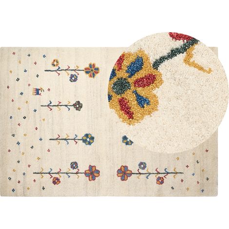 Alfombra gabbeh de lana beige azul rojo amarillo verde 140 x 200 cm a mano floral Husunlu (1/5)