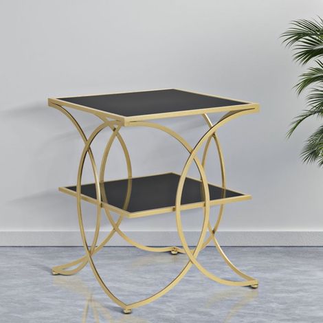 Table d'appoint en métal doré avec plateaux en verre noir cm 45x45x55 (1/5)
