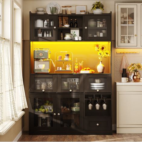 Buffet de cuisine noir 120x40x181,7 cm, MDF et métal, portes vitrées, LED multicolore, USB et étagères réglables (1/5)