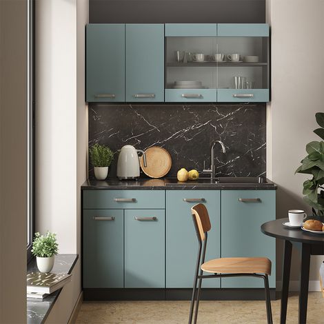 Cucina monoblocco R-Line, Blu-grigio/antracite, 140 cm senza piano di lavoro, Vicco