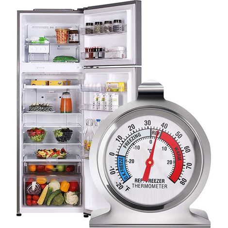 Thermomètre Réfrigérateur Grand Cadran en Acier Inoxydable de Température pour Congélateur Refroidisseur avec Crochet Suspension et Support