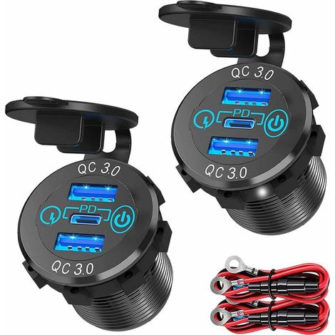 Caricabatterie da auto triplo USB 3.0 PD3.0 per auto 12V 24V 60W USB-C Multi Caricabatterie con interruttore per barca, camion, camper (1/5)