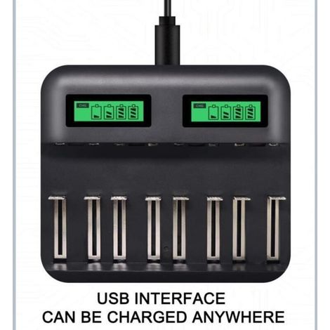 8 Slots Chargeur AA AAA Piles C D Batterie rechargeable, Chargeur de batterie USB intelligent multifonction LCD