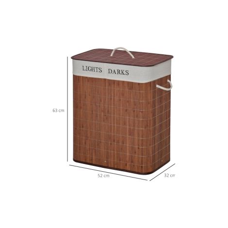 Panier à linge 100L, collecteur de linge, bac à linge avec 3 poignées et sac à linge amovible lavable, bambou coton métal, marron+blanc, 52x32x63cm (1/5)