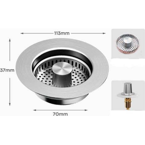 3 en 1 Bouchon Evier Cuisine, Bonde Evier Cuisine, Pop-up en Acier Inoxydable Filtre Evier Cuisine (1/4)