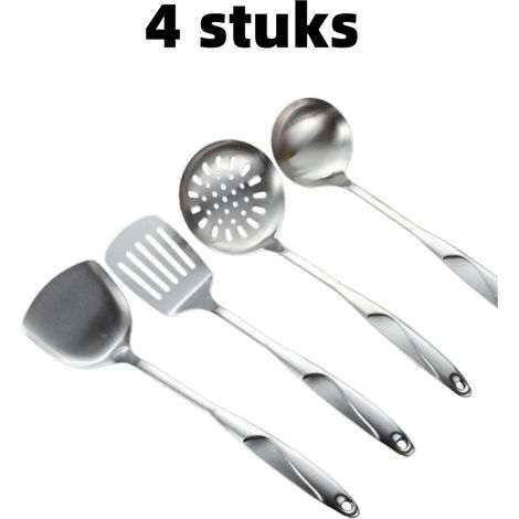 4-teiliges Küchenset aus silberfarbenem Edelstahl – Schaumlöffel, Pfannenwender, Schöpfkelle und Sieb – Utensilien zur Zubereitung aller Arten von Gerichten – ideal für alle kulinarischen Aufgaben (1/5)