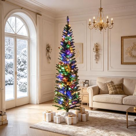 Sapin de Noël artificiel lumineux en forme de crayon, 180 cm, 390 branches, 150 lumières multicolores, base en acier vert, décoration de Noël fine et festive (sapin de Noël uniquement) (1/5)