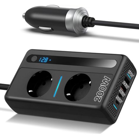 DC 12V to AC 230V Car Voltage Converter with 2 Outlets,  2 Type-C Fast Charging Car Chargers,  and 2 USB Ports with Cigarette Lighter Plug for Business Trips and Holidays (1/5)