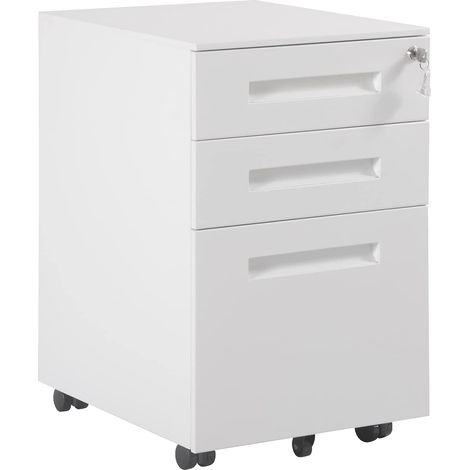 Woltu – Caisson de bureau en acier blanc – 2 tiroirs + 1 tiroir pour dossiers A4 – Serrure avec 2 clés – Roulettes pour mobilité – 39x45x60 cm