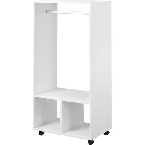 Armario con estantes, 2 nichos para colgar ropa, 4 ruedas giratorias, dimensiones: 60 cm de largo x 40 cm de ancho x 128 cm de alto, blanco.