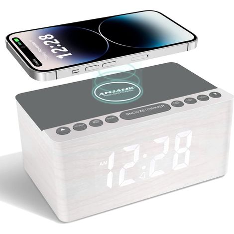 Radio-réveil numérique en bois avec chargement sans fil, chargeur rapide 10 W pour Android, fonction de charge USB, sur secteur, batterie de secours et écran LED (1/5)